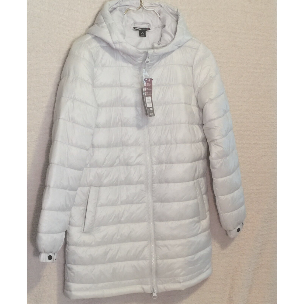 Swiss Tech Womens Hooded Mid Length Puffer Jacket Soft Light gray XS NWT